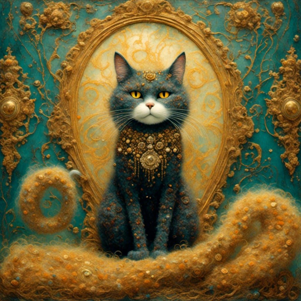 Golden Cat Portrait in Gustav Klimt Style