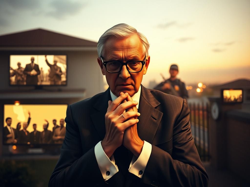 Distressed Man in Johannesburg Skyline: A Sepia-Toned Portra...