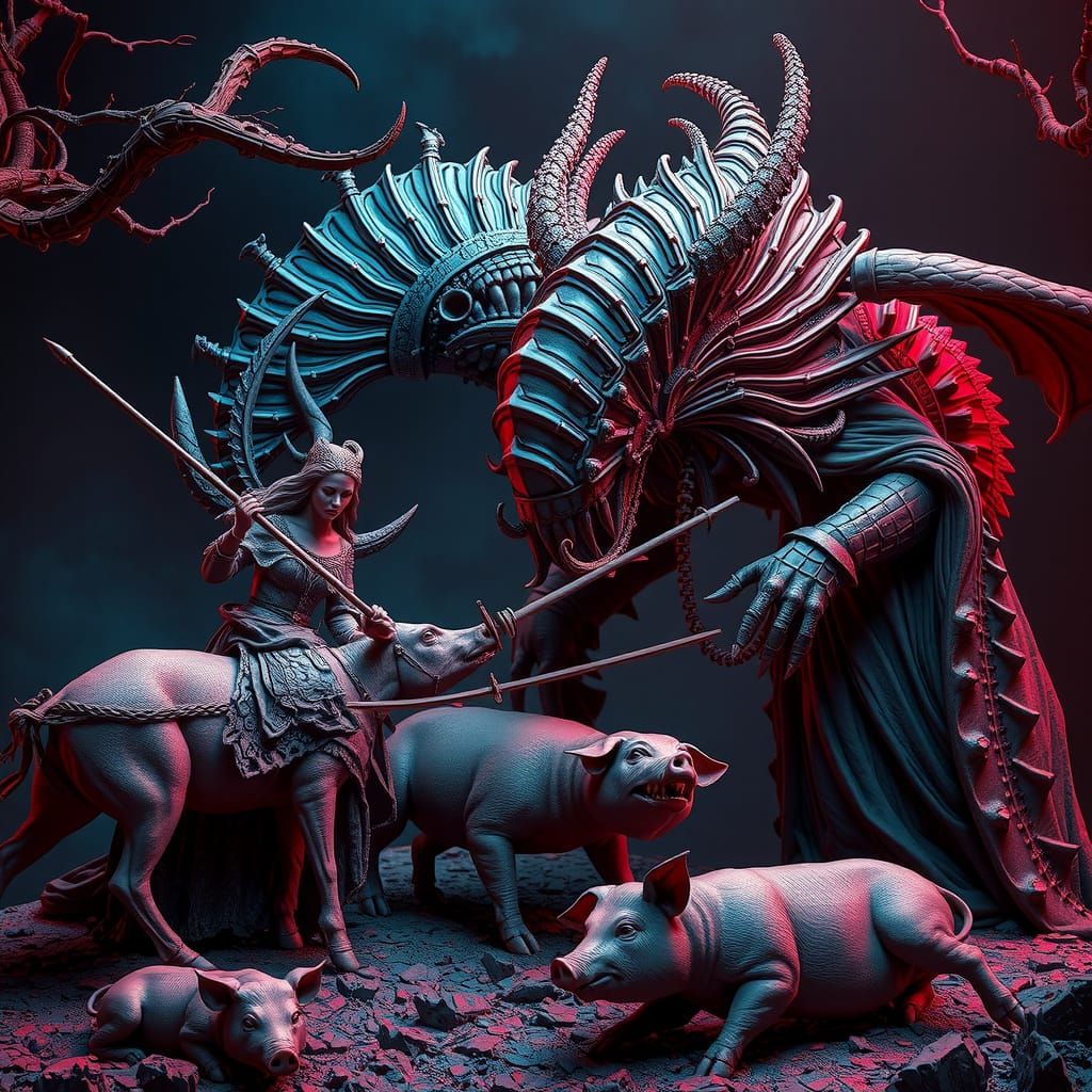 Medieval Princess Hunting Beasts in Psychedelic Horror Style