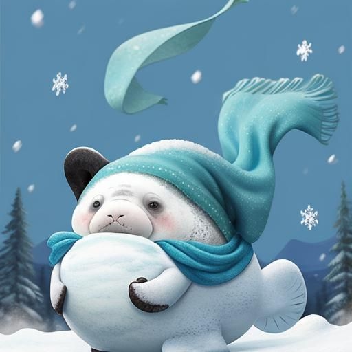A snow-manatee carrying a huge snowball to try to make a sno...