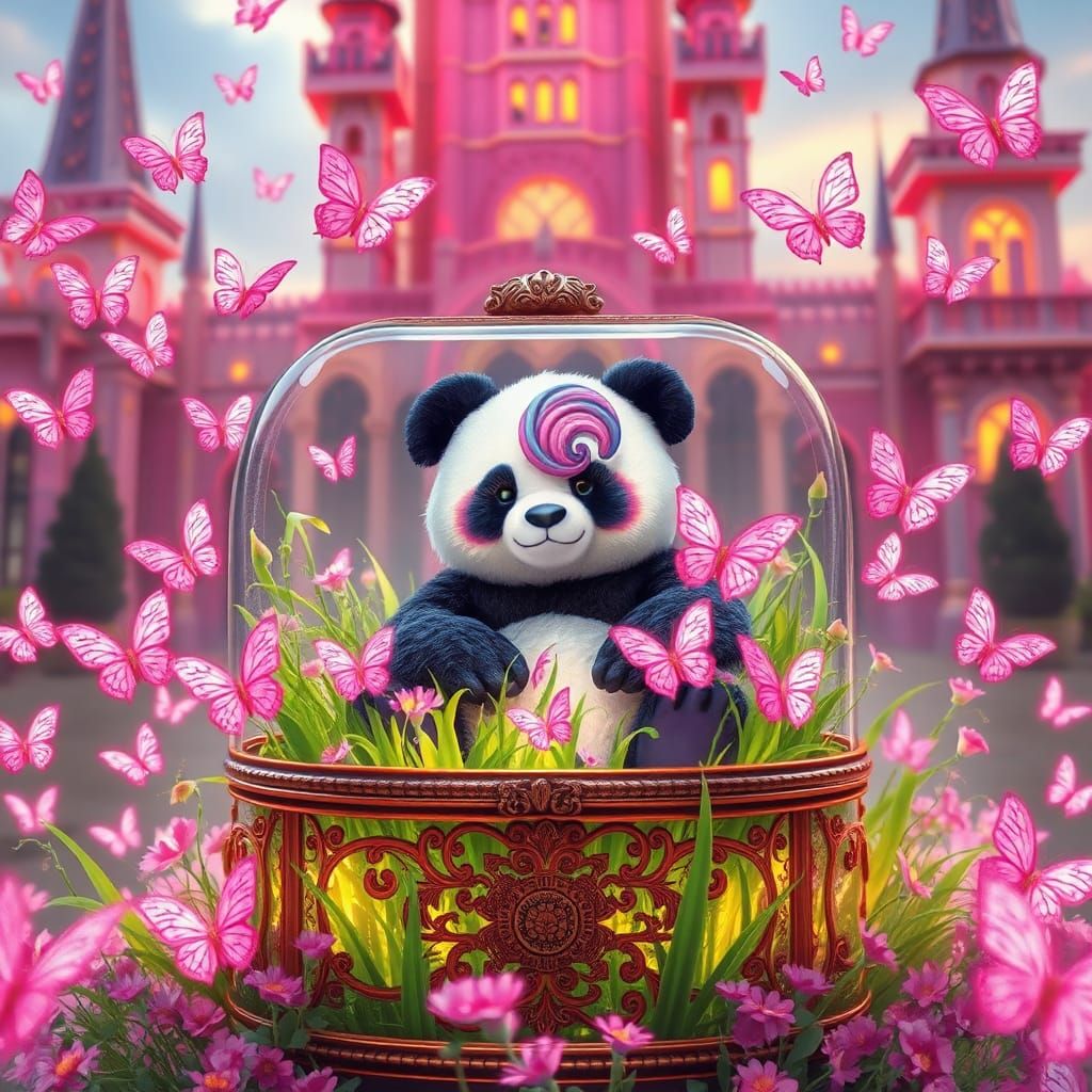 Lisa Frank Style Panda in Glass Jewelry Box