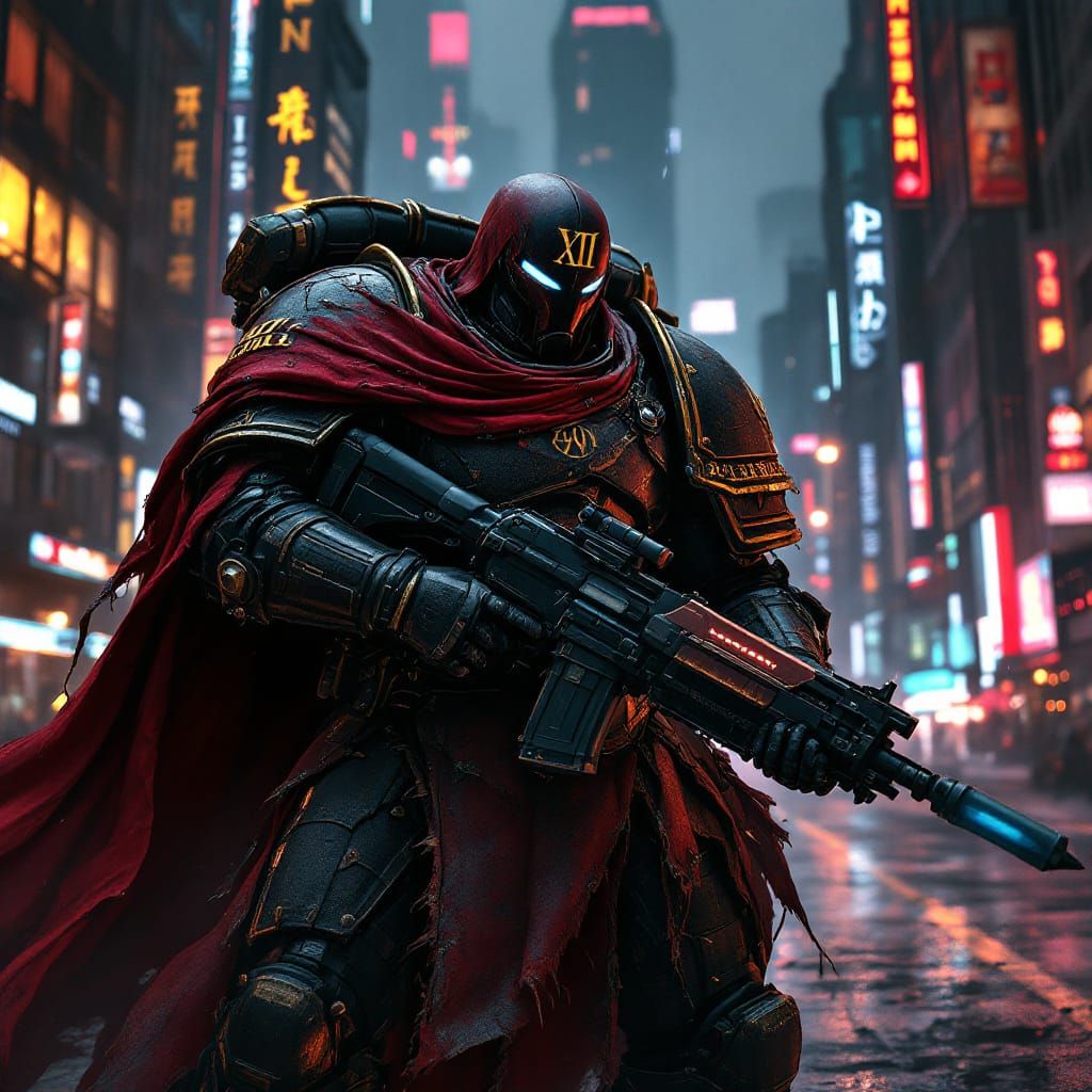 Cyberpunk Space Marine in Dystopian Cityscape