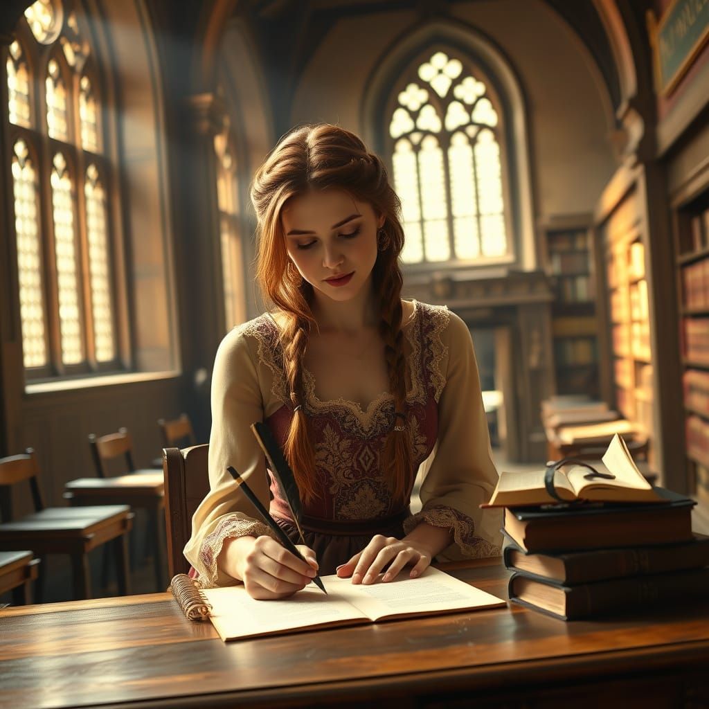 Renaissance Woman Writing in Medieval Library