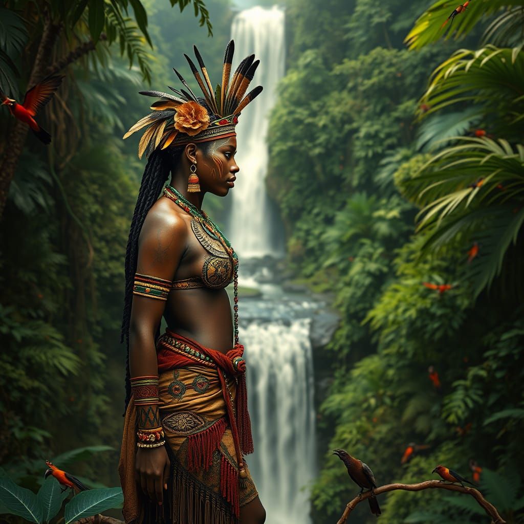 African Tribal Woman at Jungle Waterfall
