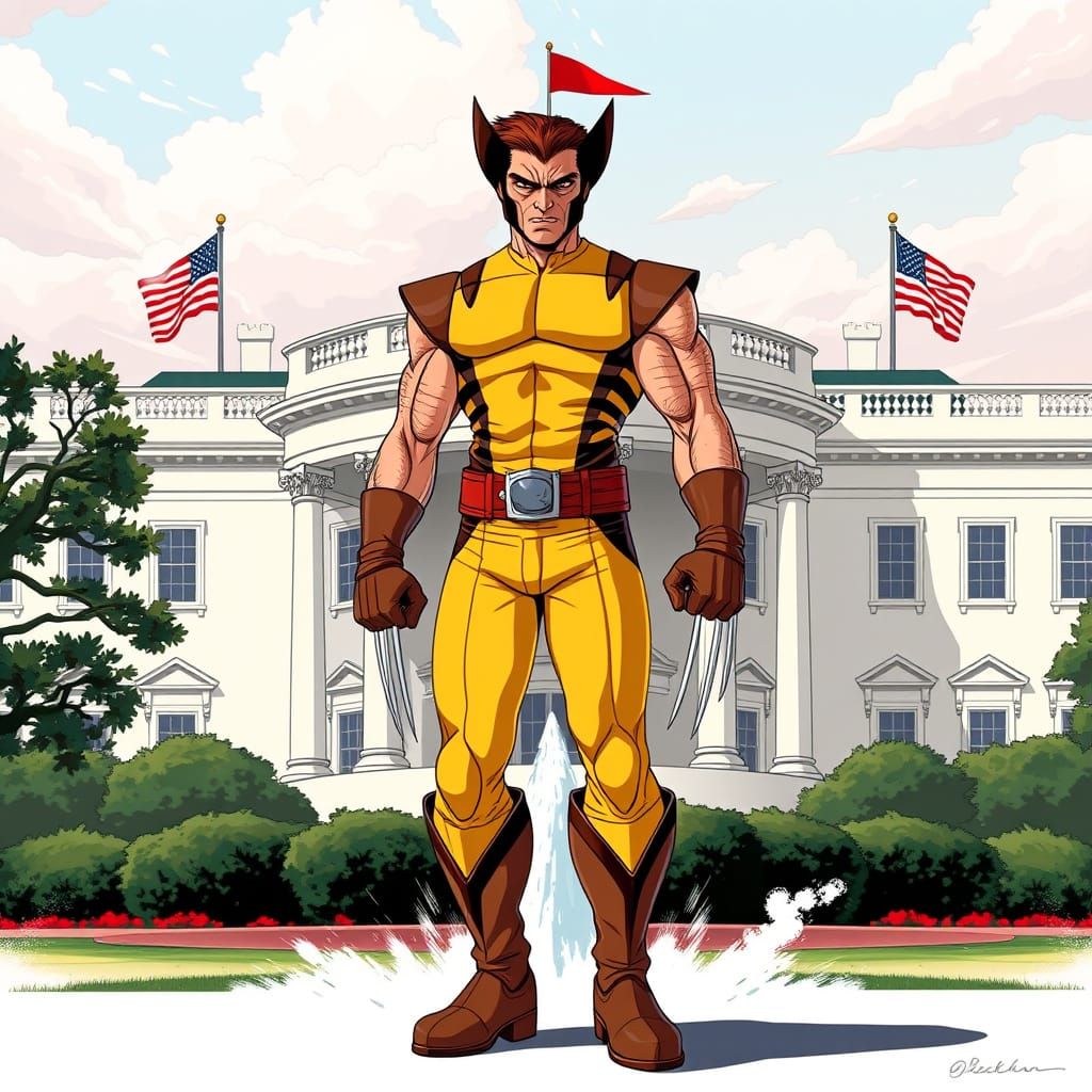 Wolverine Stands Tall in Front of the White House in 80s Com...