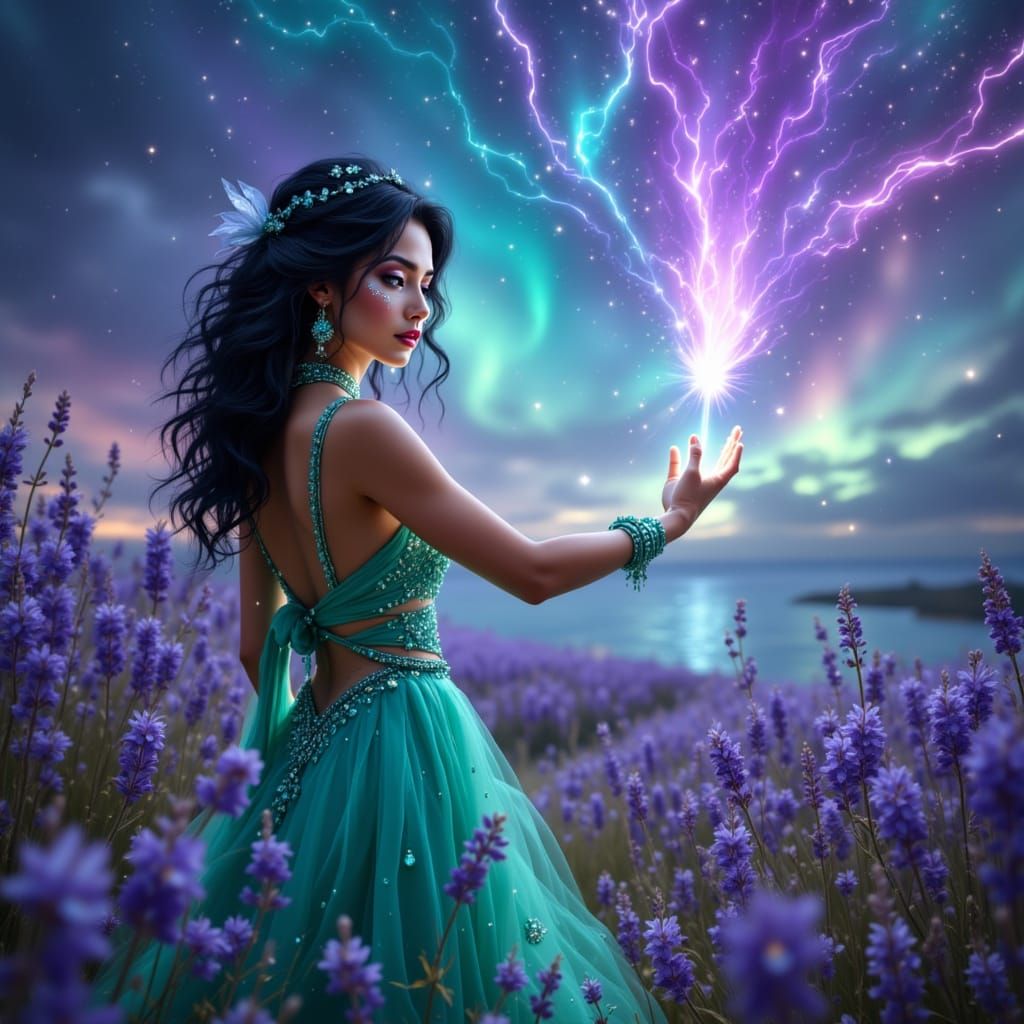 Latina Enchantress Casting Spell Under Aurora Borealis