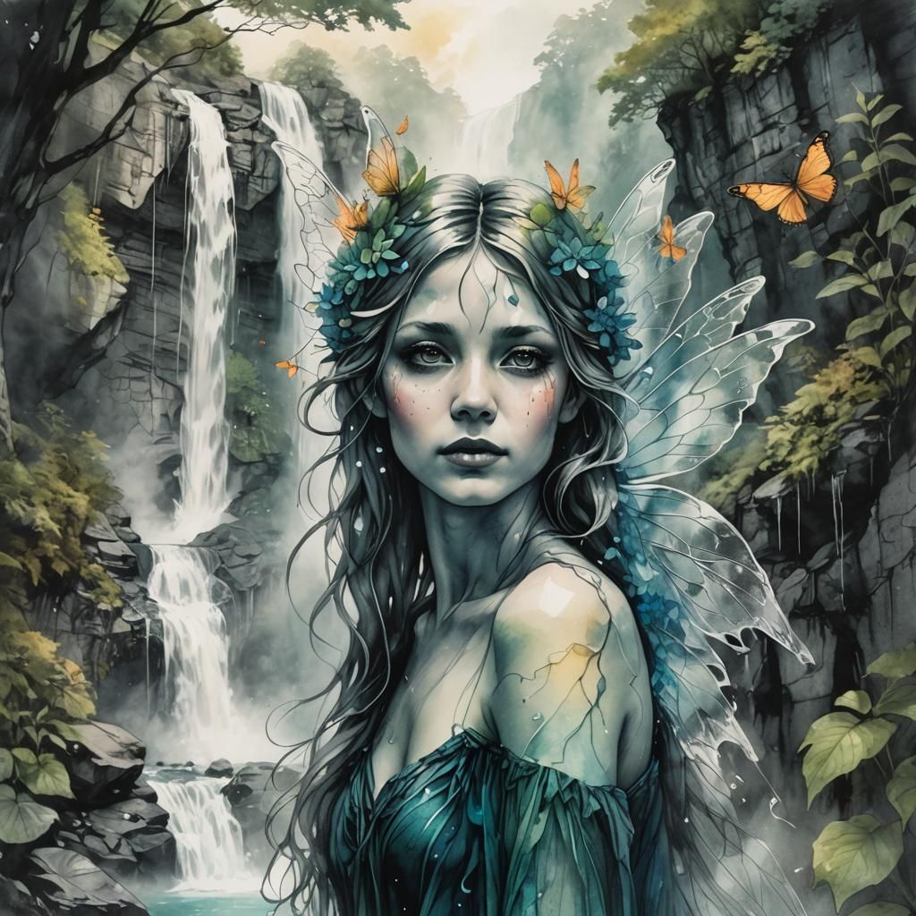Fairy and Waterfall Double Exposure Artwork
