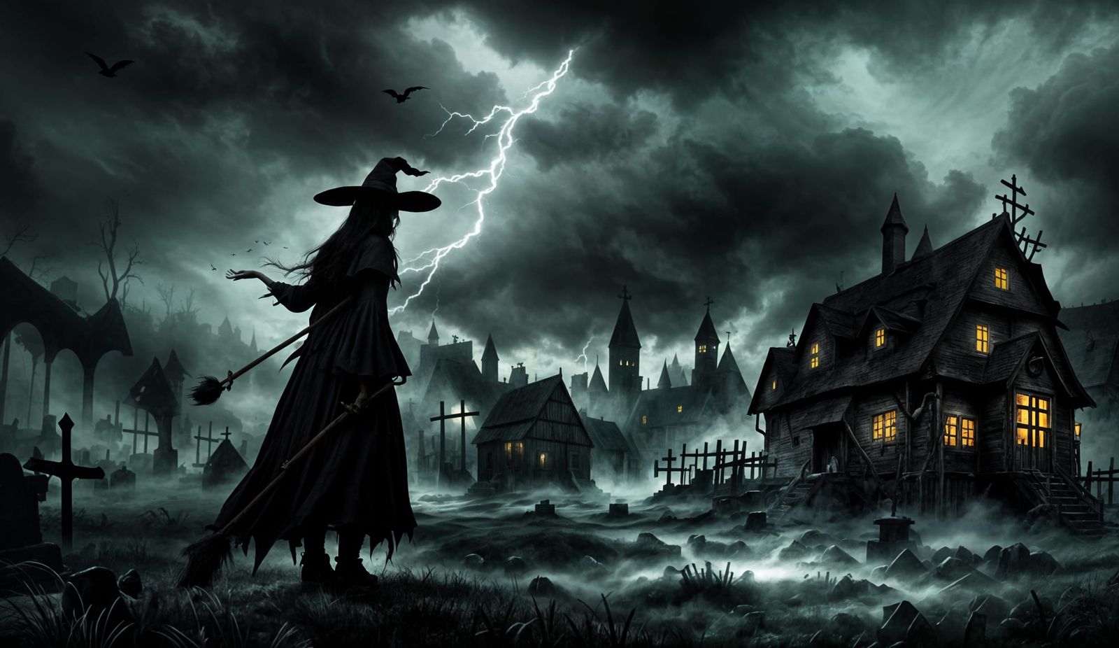 Witch in Dark Meadow with Cottages and Stormy Sky