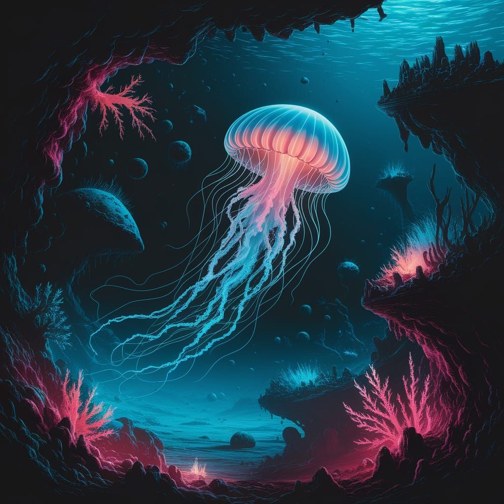 Bioluminescent Jellyfish in Alien Ocean, Digital Art