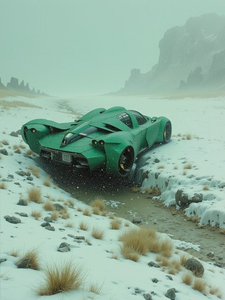 Futuristic Green Car in Desert Blizzard, Neoclassical Style