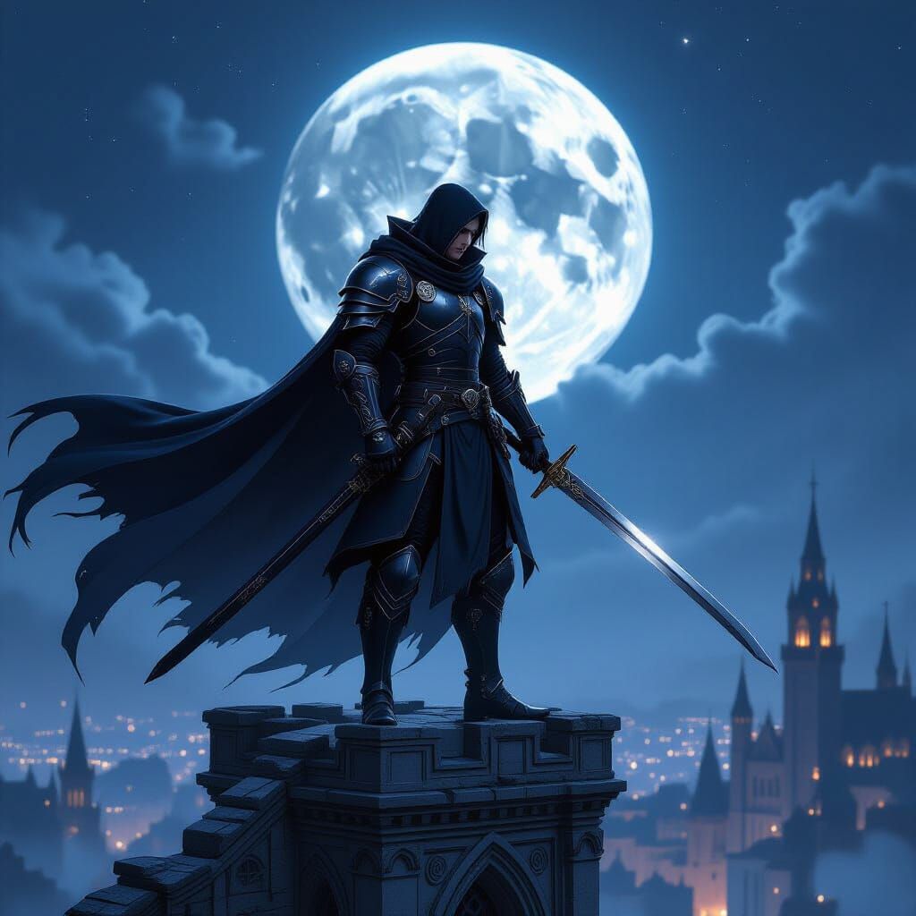 Anime Swordsman Overlooks Moonlit Cityscape