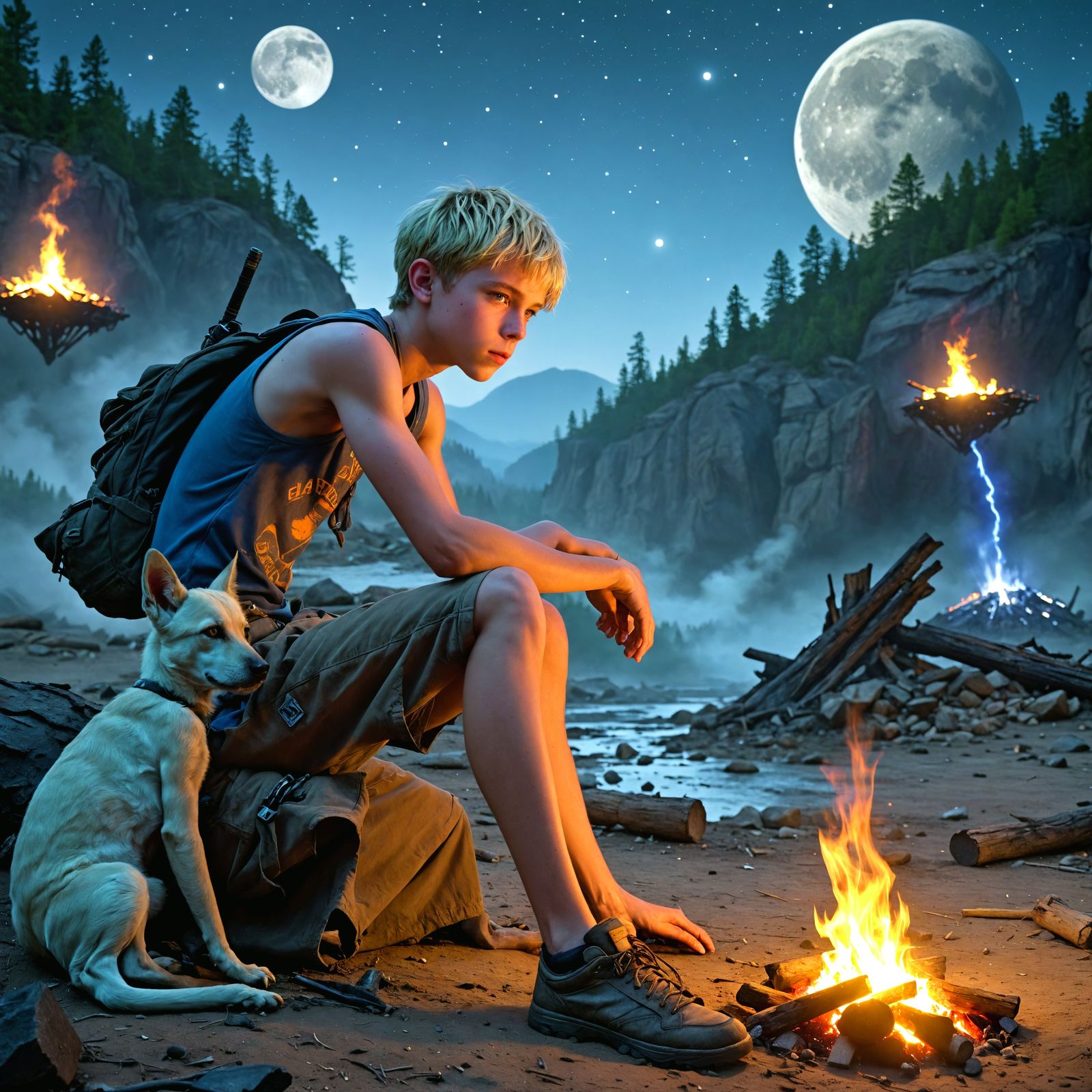 Boy and Alien Cat by Campfire on Exoplanet
