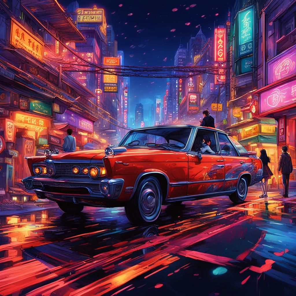 Neon City Car Ride: Detailed Matte Painting