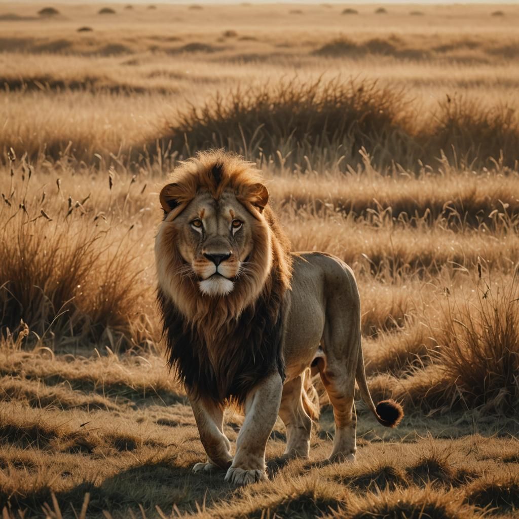 Lion Leaping in Golden Lit Field: Wildlife Photography