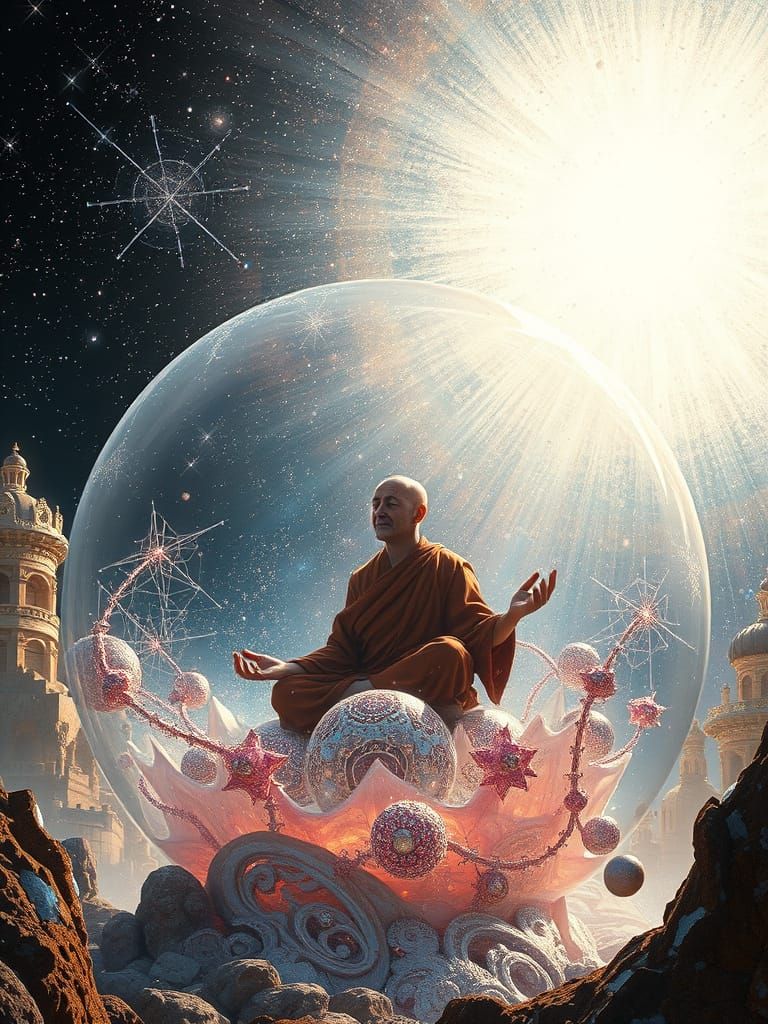 Ethereal Monk Meditating in a Celestial Sphere