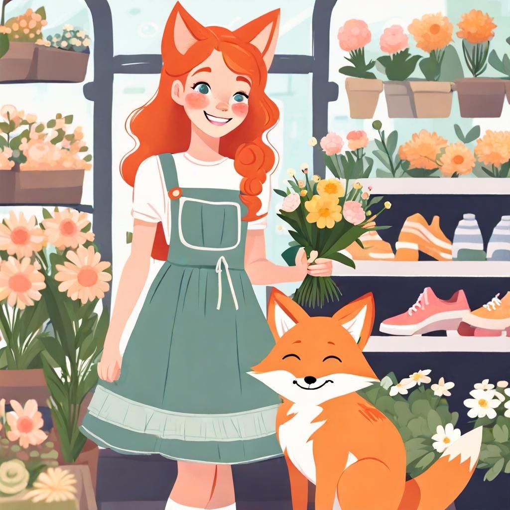 Adorable ginger Fox-girl VIXEN, wearing a Cute pinafore dress with crinoline, cute sneakers, smiling softly, holding flo...