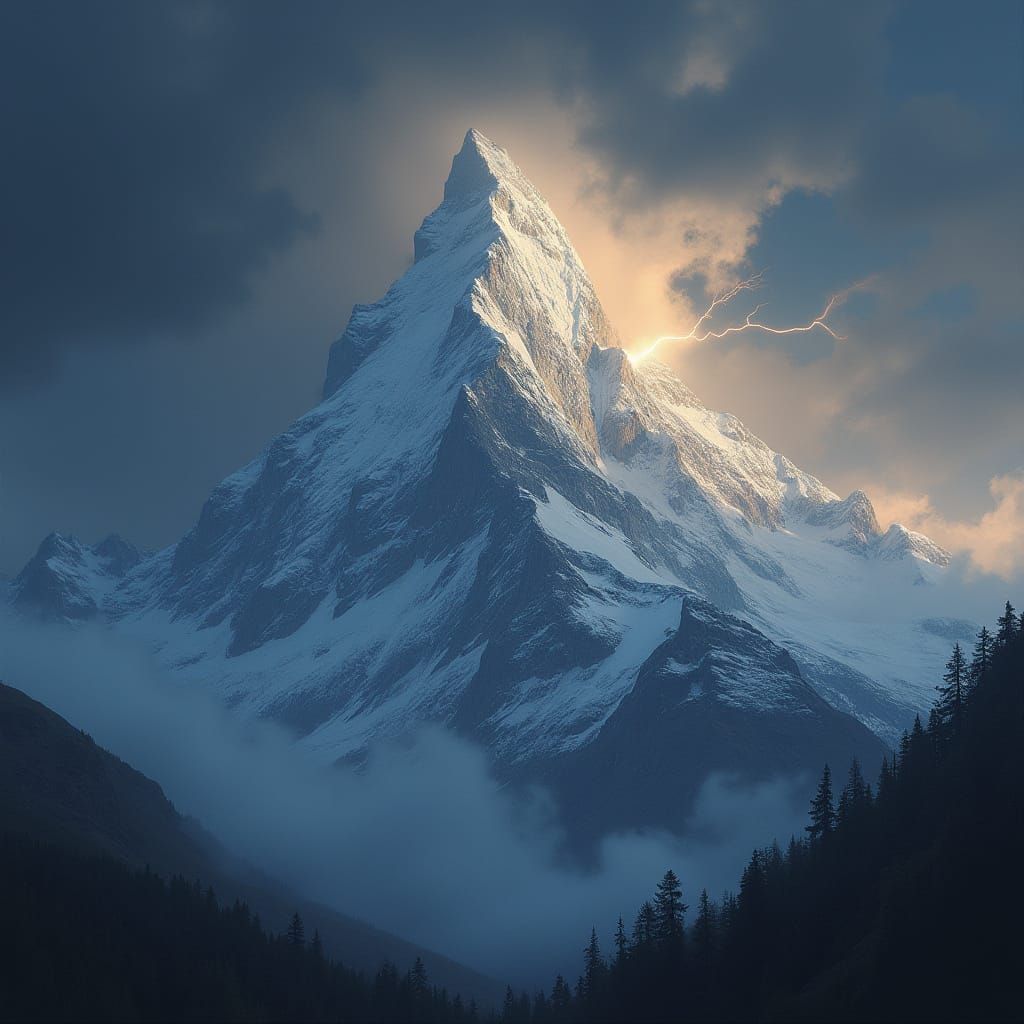 Snow-Capped Mountain in a Dramatic Storm