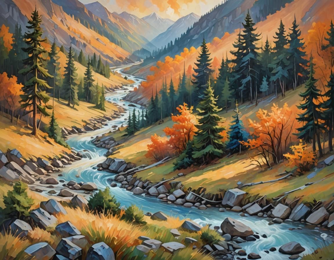 Autumn Mountain Landscape in Abstract Expressionism