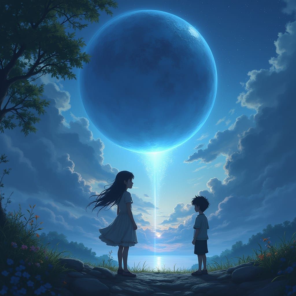 Mystical Girl Meets Alien Boy in Studio Ghibli Anime Style