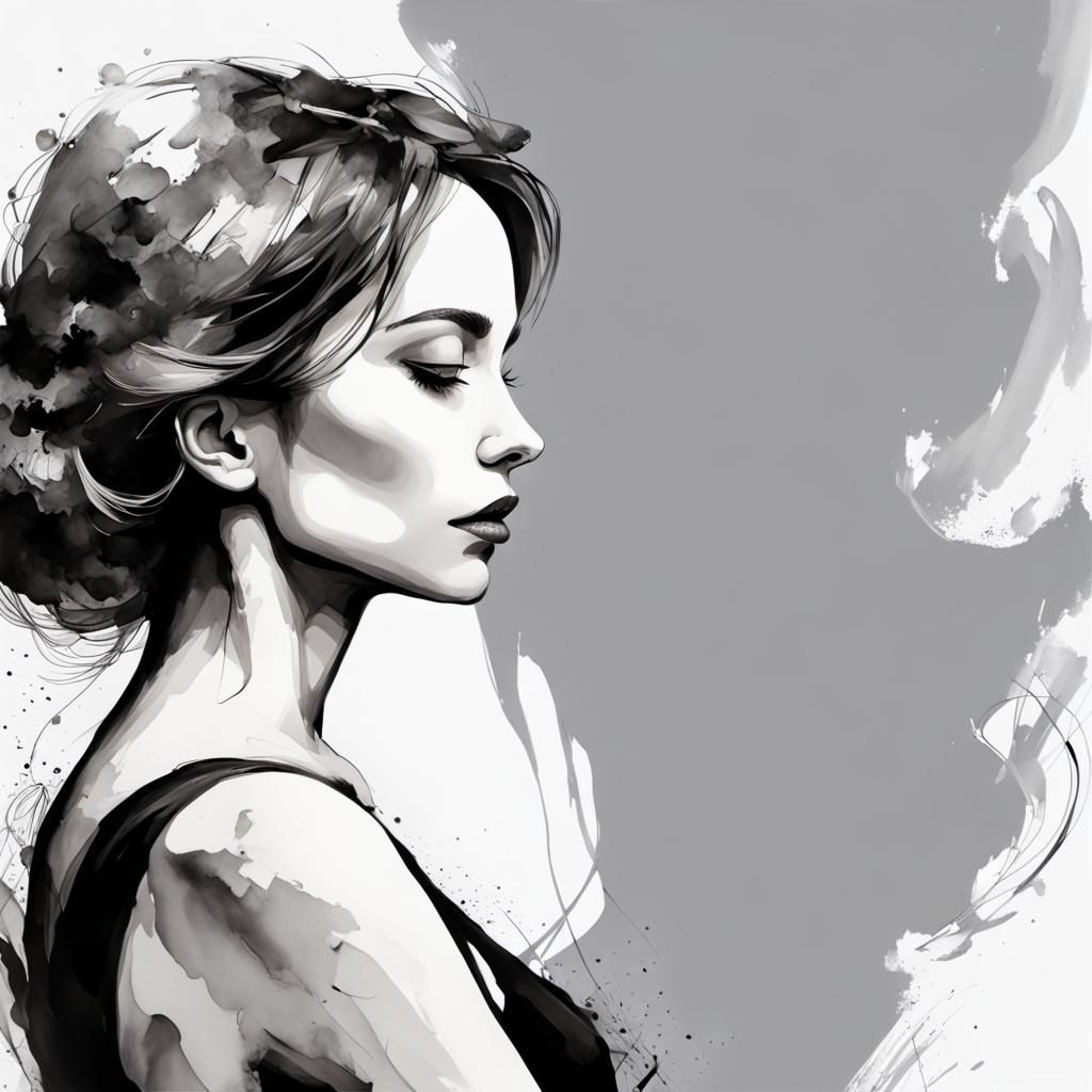 Woman in Thought: Modern Ink Fusion Art