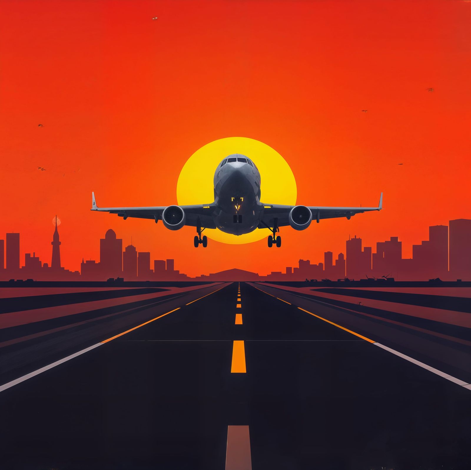 Surreal Sunset Airplane Landing in a Vibrant Cityscape