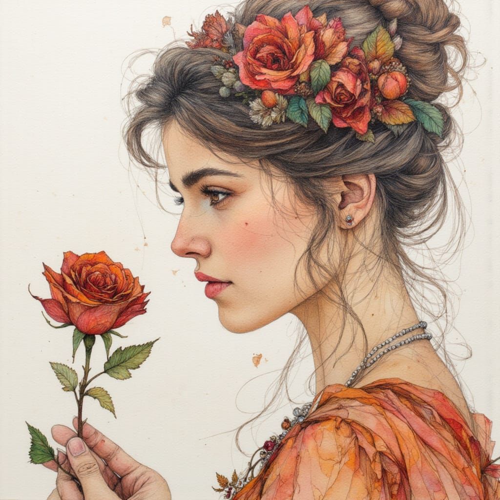 Intricate Ink Drawing: Belle with Rose