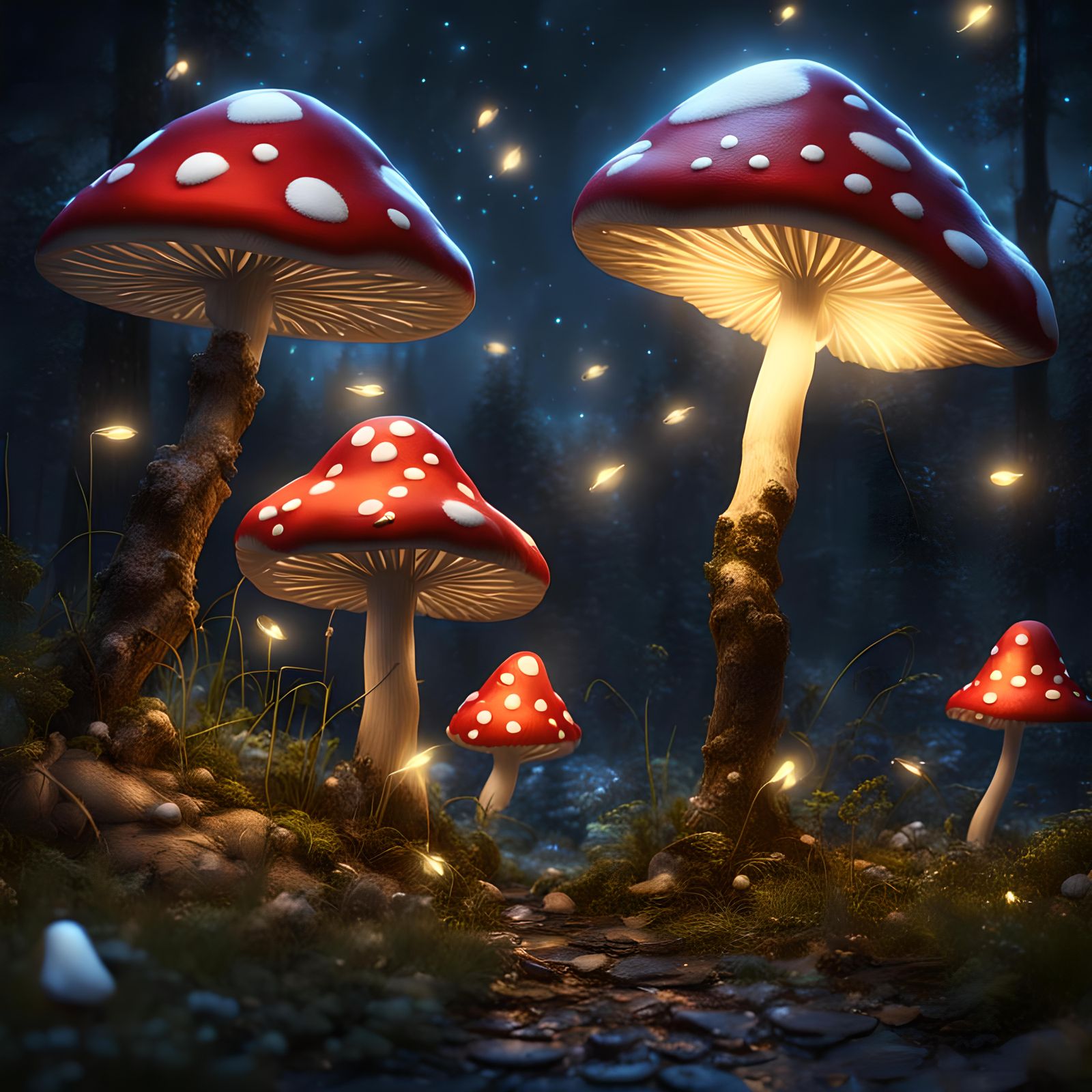 Enchanted Nightscape with Fairy Lights and Toadstools
