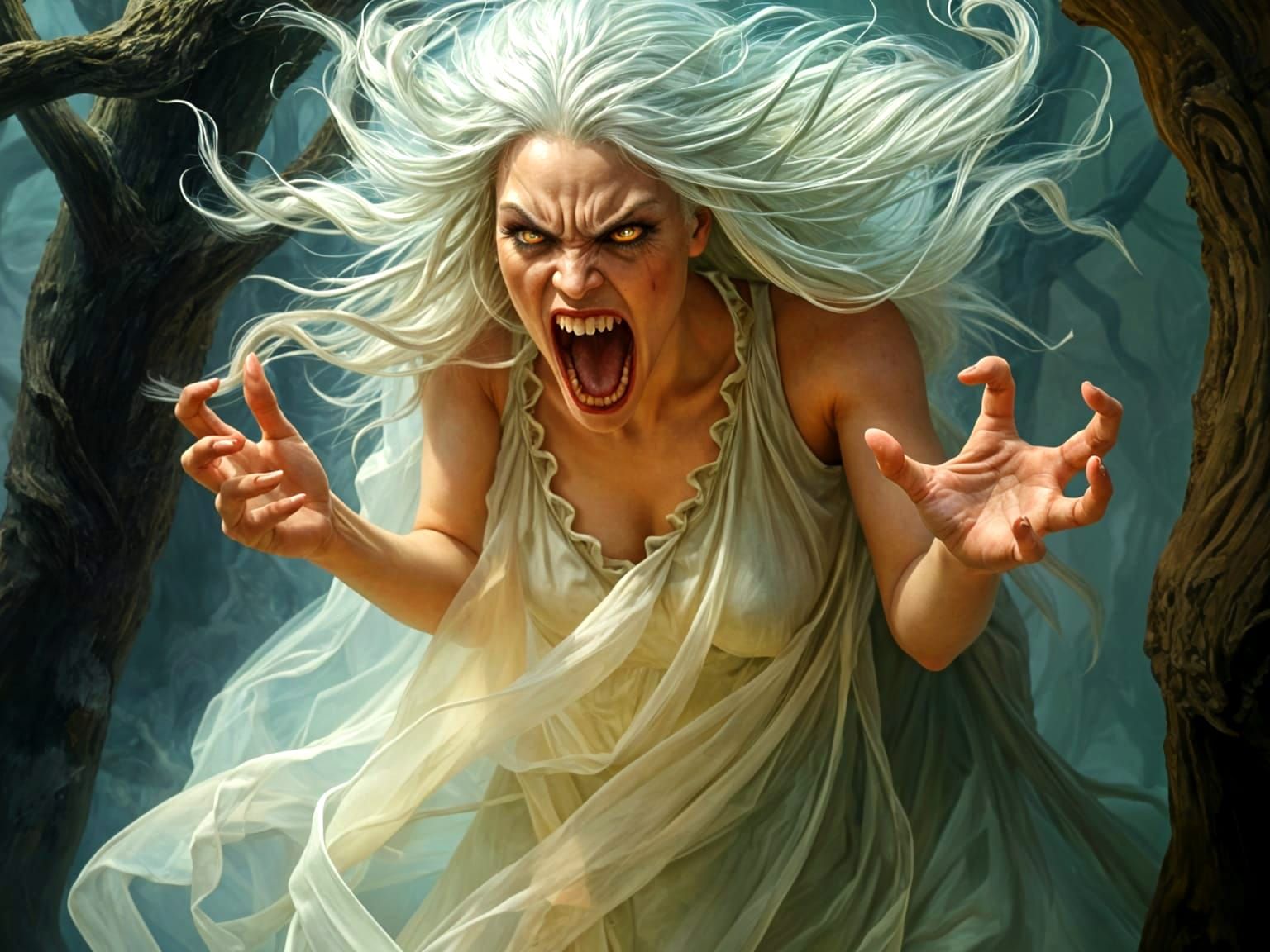 Angry Banshee Screaming in Ethereal Forest