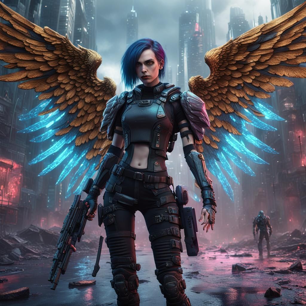 Cyberpunk Goth Angel in Detailed Matte Painting