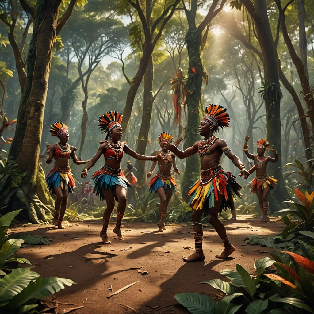 Zulu Dancers in Jungle Clearing: Fantasy Concept Art