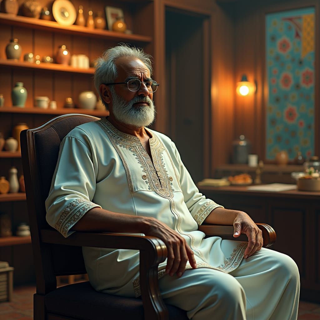 Distressed Shop Owner in Leather Goods Shop, Photorealistic