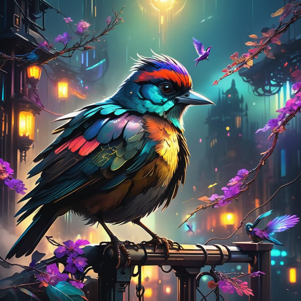 Cyberpunk Bird Illustration in Vibrant Deep Colors