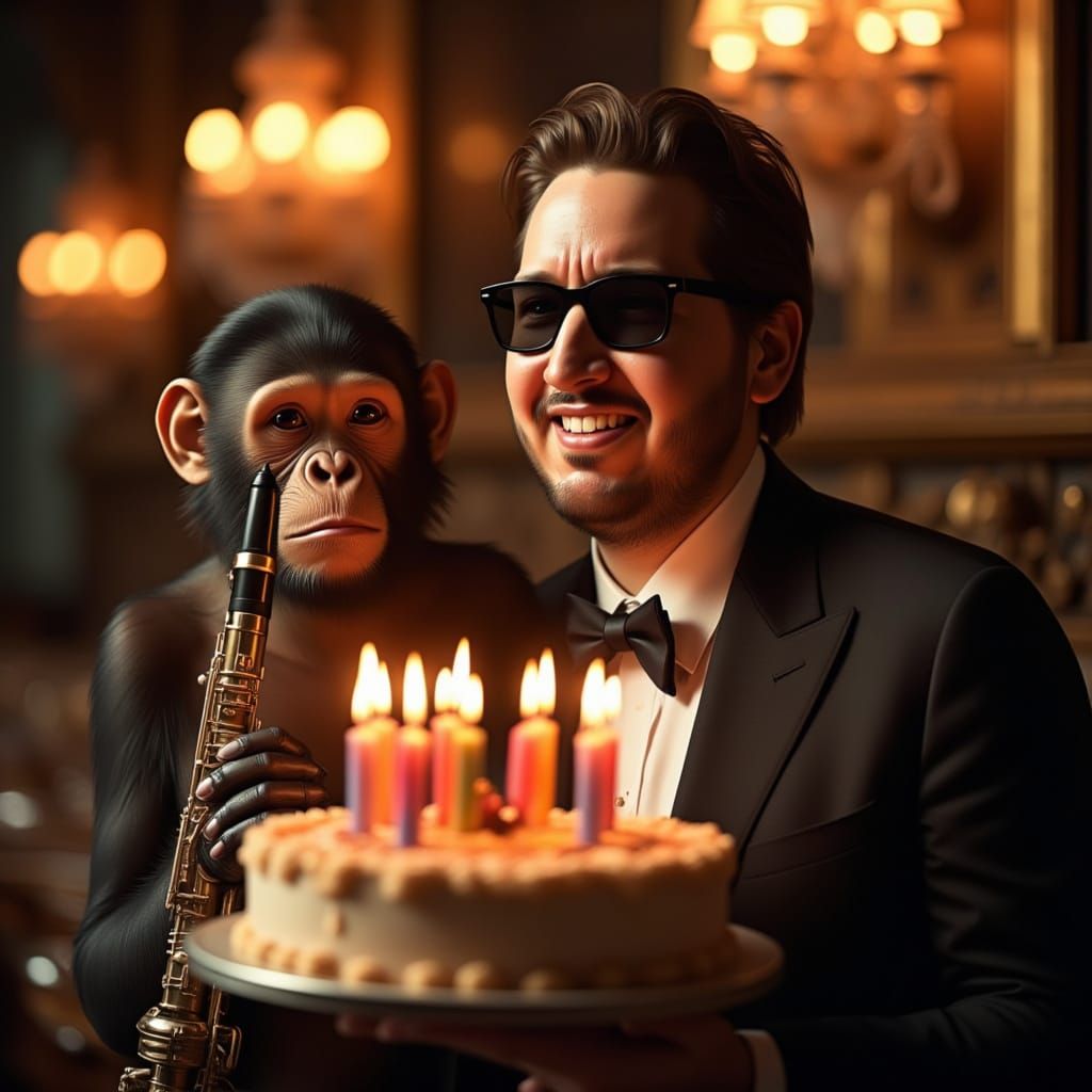 Charismatic Gentleman Celebrates Birthday with Suited Monkey...
