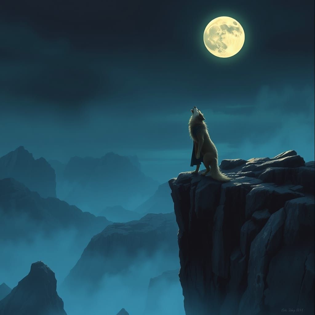 Wolf Howling at Moon in Mystical Landscape