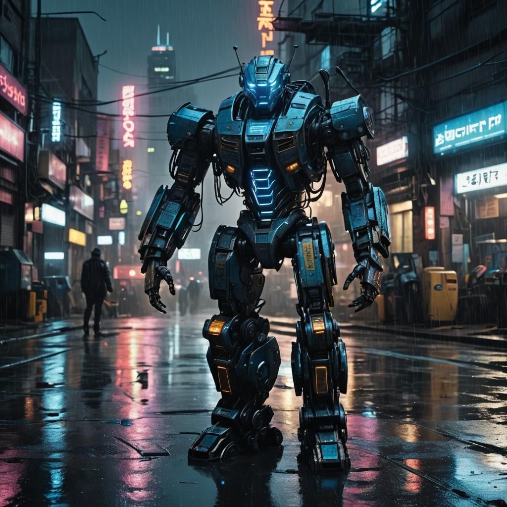 Cyberpunk Robot in Rainy Cityscape