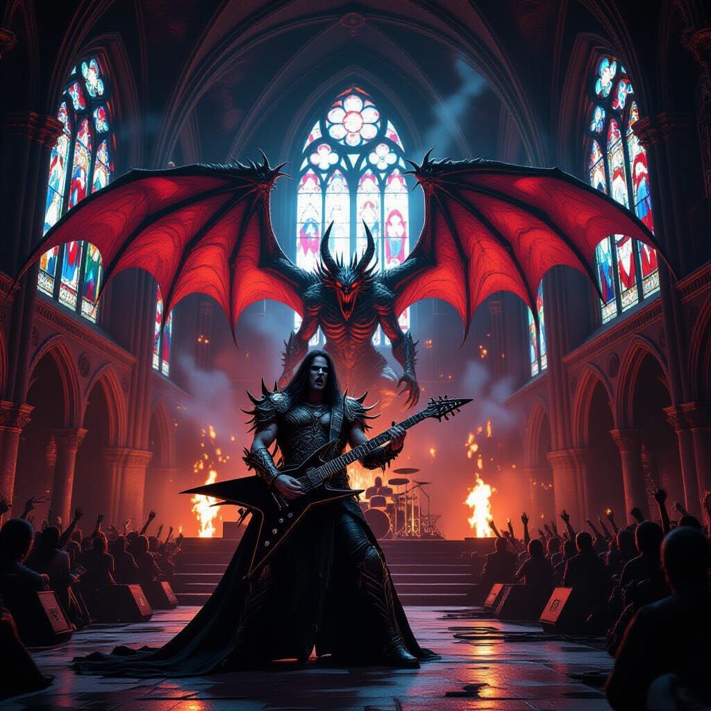 Heavy Metal Concert in Gothic Cathedral Ruins with Dragon Pr...
