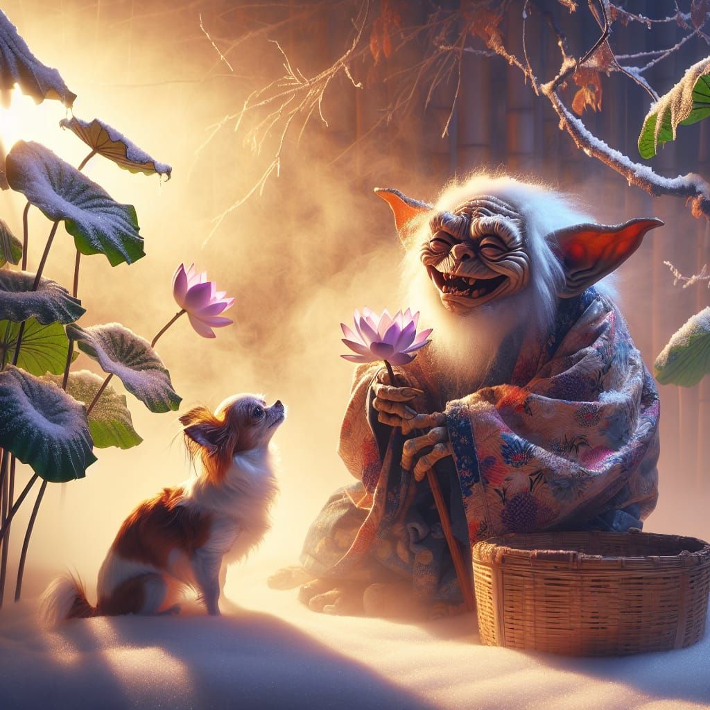 Gremlin and Chihuahua Share Lotus Petal in Ukiyo-e Style