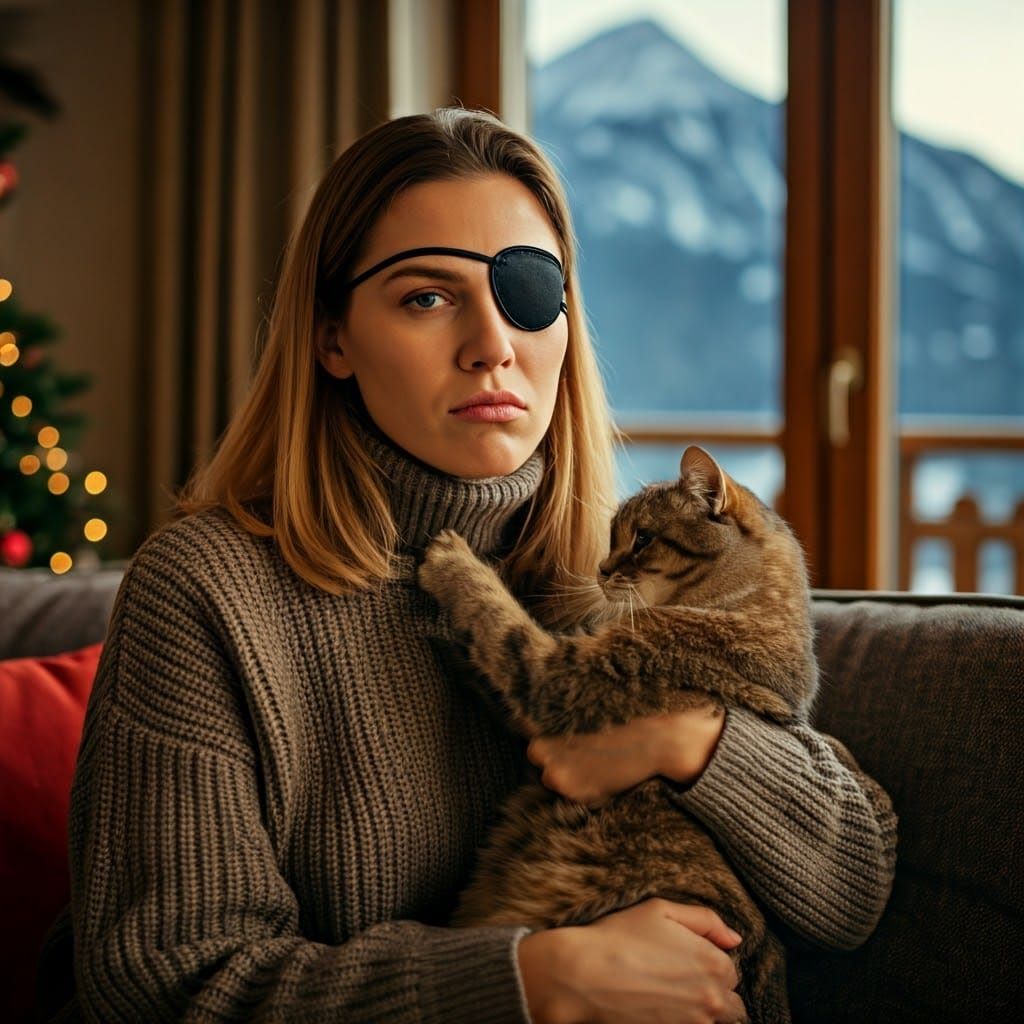 Annoyed Woman with Cat in Cozy Winter Living Room