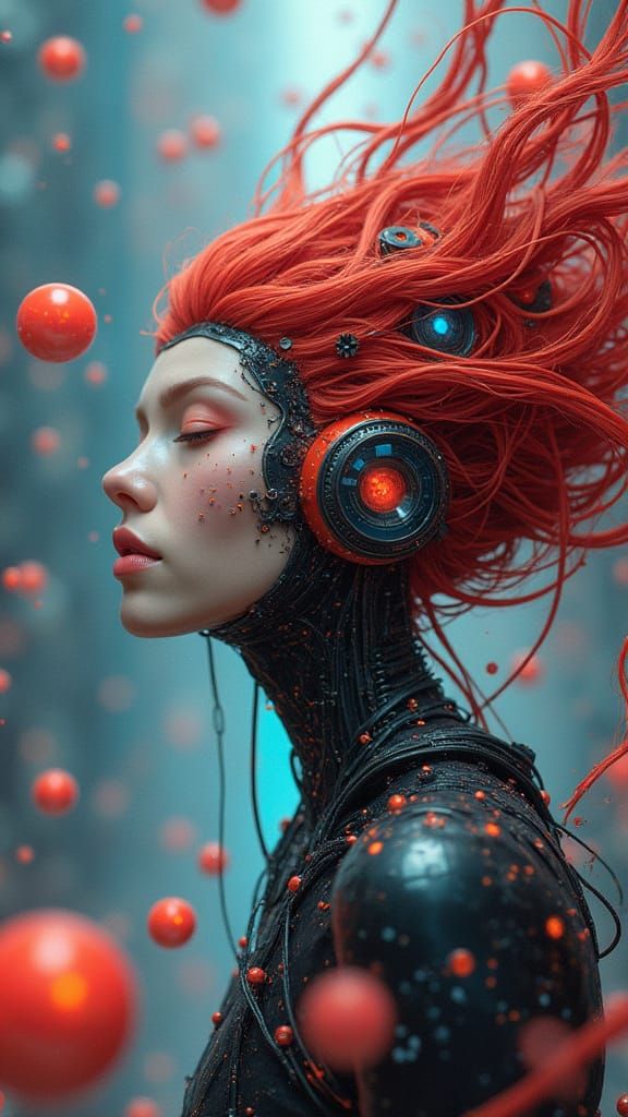 Futuristic Muse with Crimson Hair, Gears, and Clockwork Orbs
