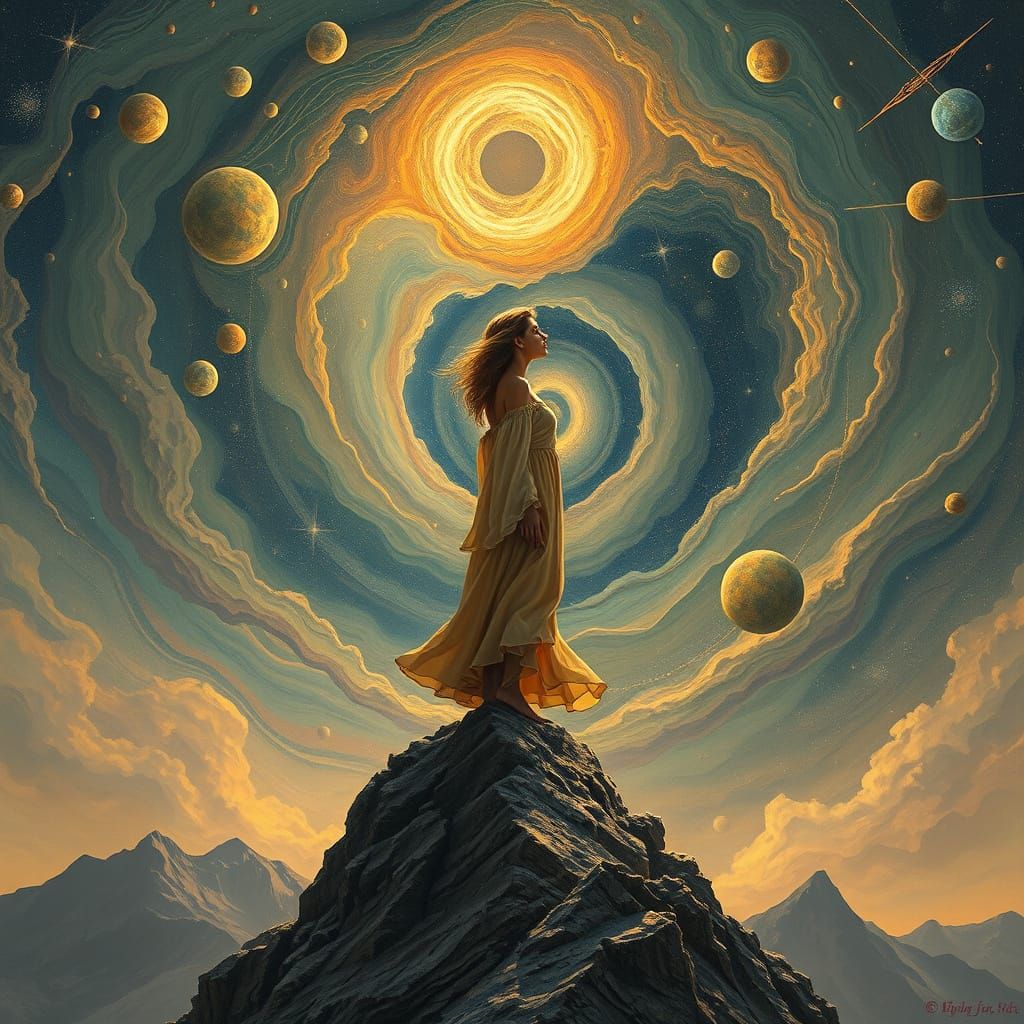 Celestial Woman on Mountain Peak in Surreal Style