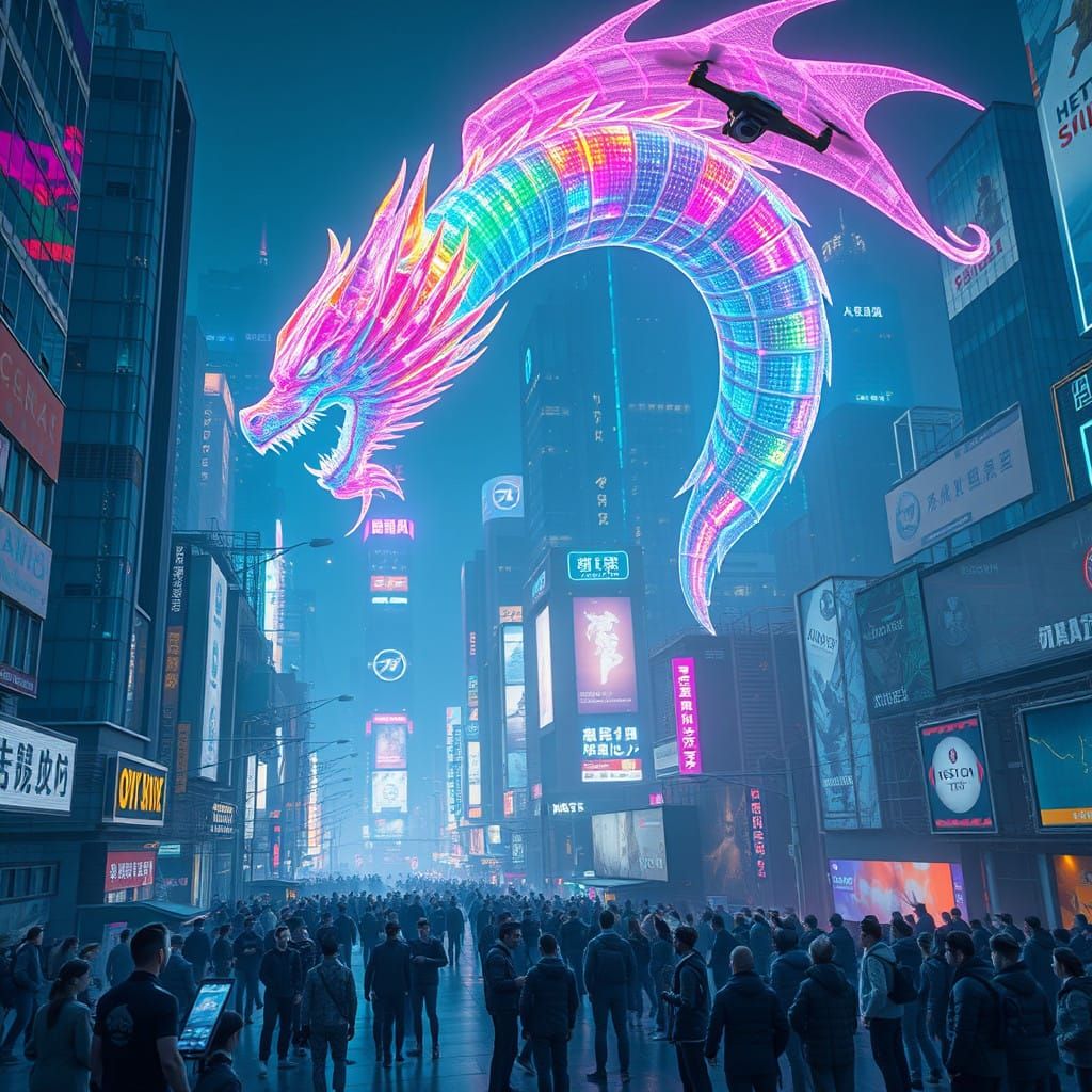 Cinematic Futuristic Megacity with Shimmering Holographic Dr...