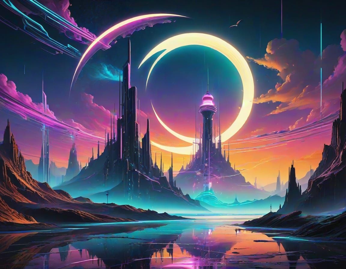 Surreal Futuristic Scene with Cyberpunk Lighthouse and Fract...