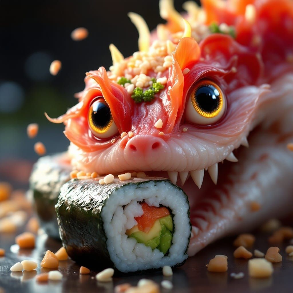 Sashimi Serpent Devours Sushi in Vibrant, Hyper-Realistic St...
