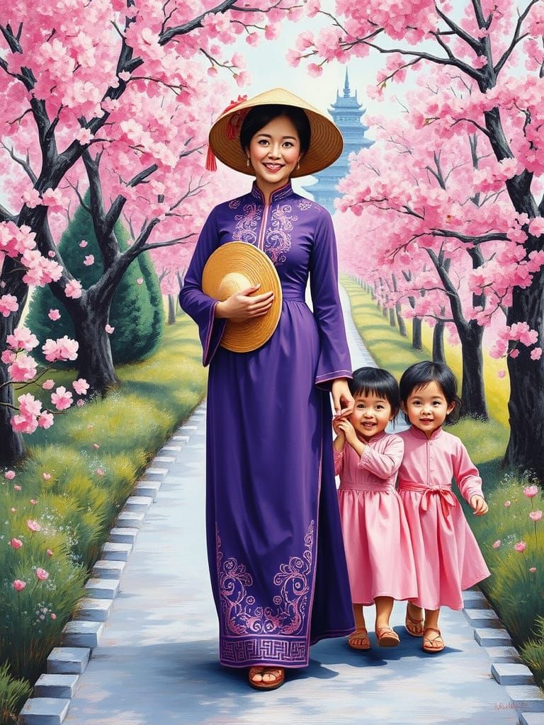Vietnamese Women in Áo Dài Dresses, Impasto Oil Painting