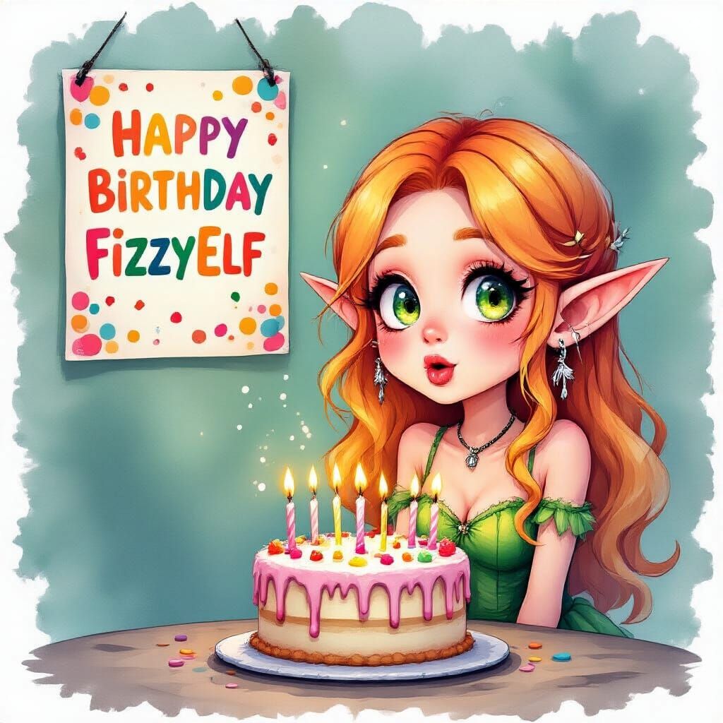 Chibi Elf Birthday Celebration in Alcohol Ink Style