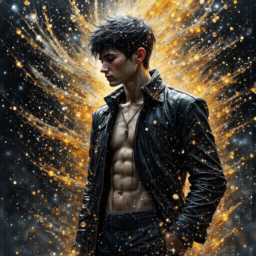 Muscular Man in Dark Jacket with Art Nouveau Patterns