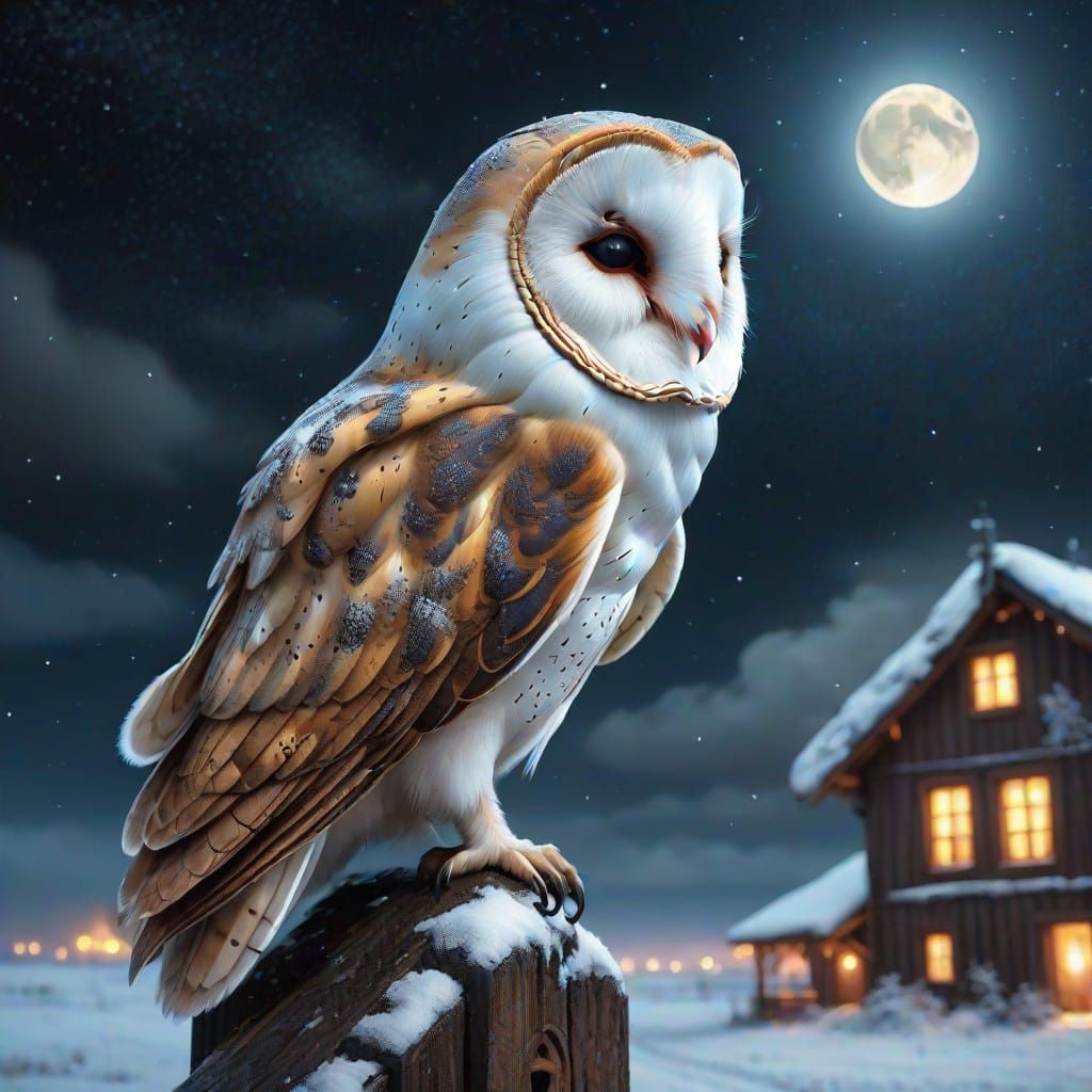 Winter Nighttime Barn Owl Landscape in Epic Digital Art