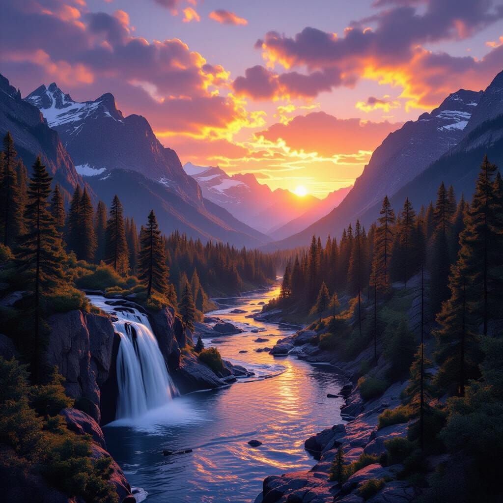 Realistic Mountain Vista at Sunset with Waterfall