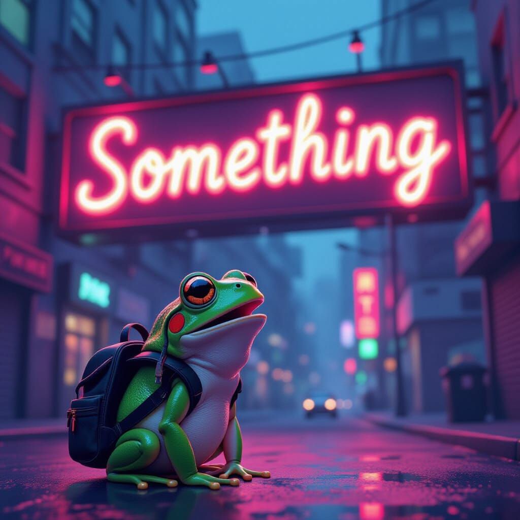 Frog in Urban Setting Gazes at Neon Sign