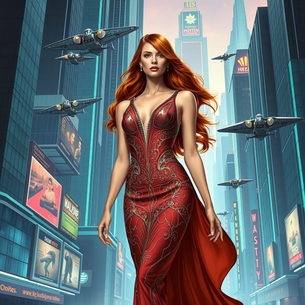 A statuesque woman with long, flowing auburn hair, adorned i...